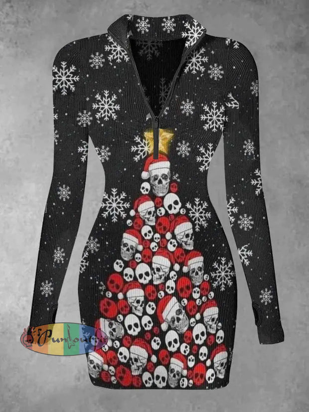 Women’s Skull Christmas Tree Print Casual Long Sleeve Mini Dress Black / S