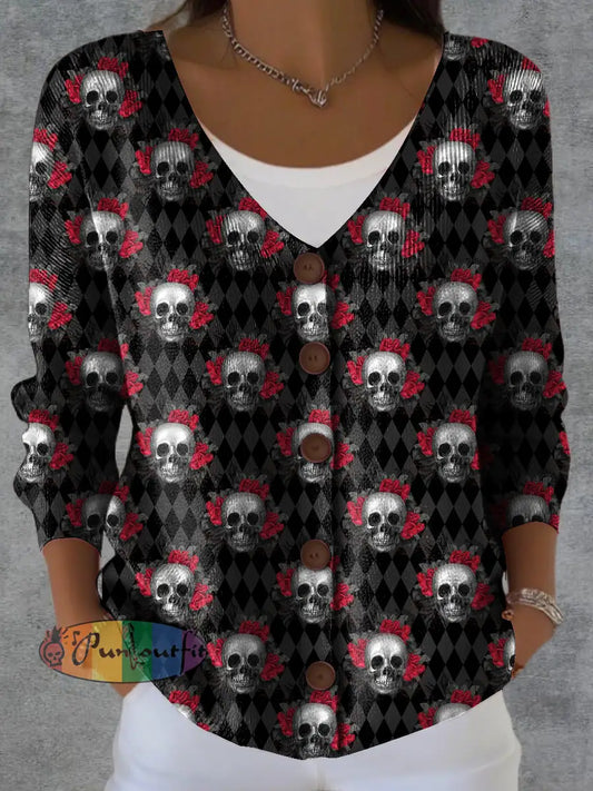 Women’s Skull Flower Print Button Cardigan Black / S