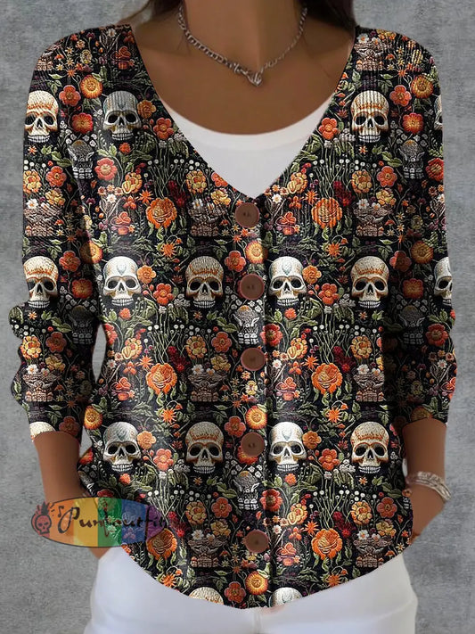 Women’s Skull Flower Print Button Cardigan Brown / S
