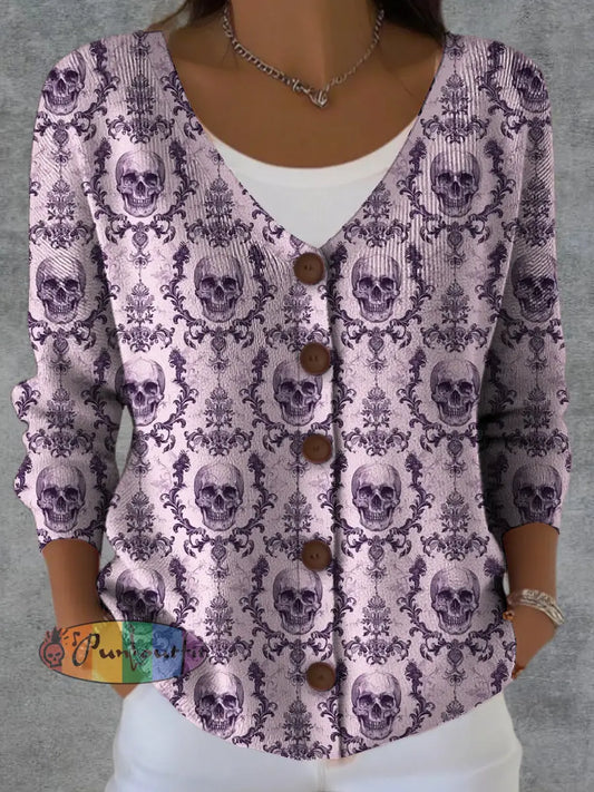 Women’s Skull Flower Print Button Cardigan Light Purple / S