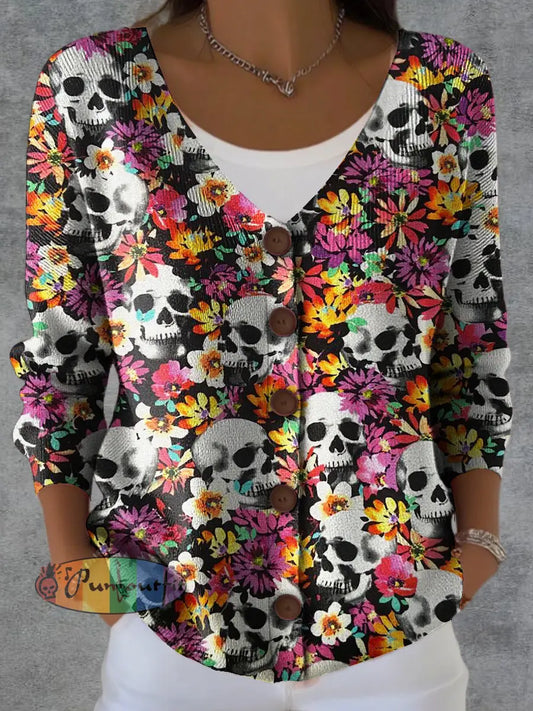 Women’s Skull Flower Print Button Cardigan Multicolour / S