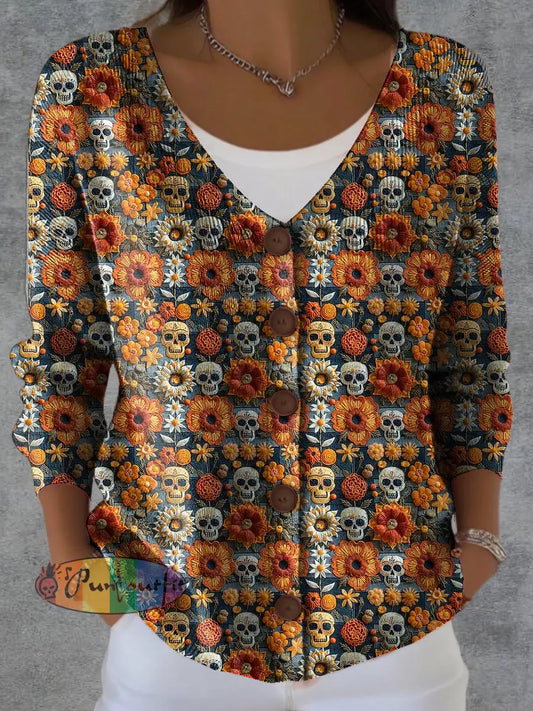 Women’s Skull Flower Print Button Cardigan Orange / S