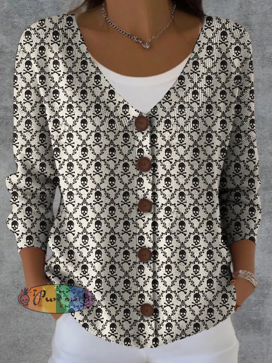 Women’s Skull Flower Print Button Cardigan White / S