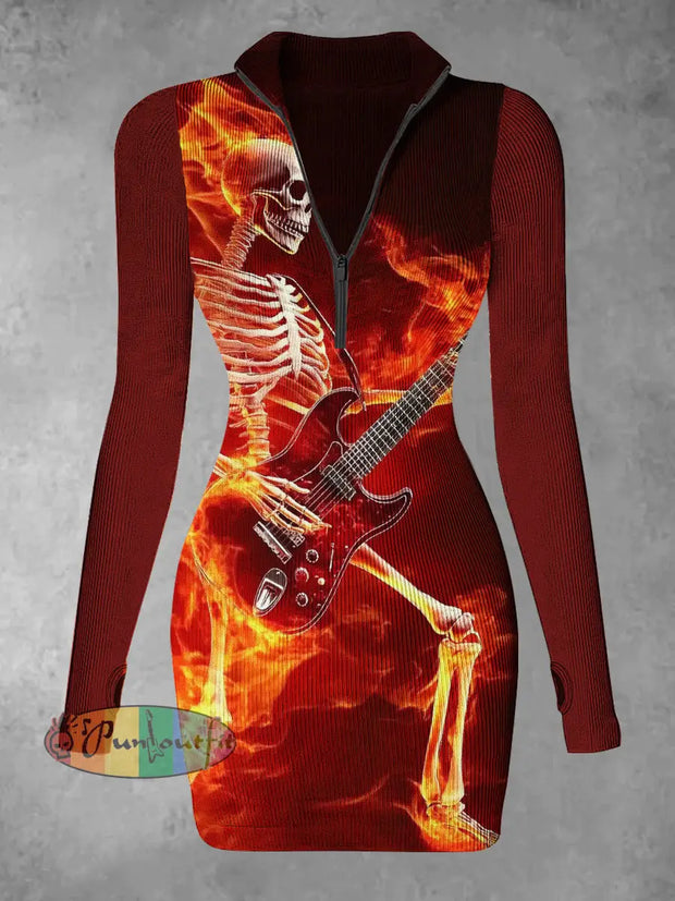 Women’s Skull Guitar Print Casual Long Sleeve Mini Dress Red / S