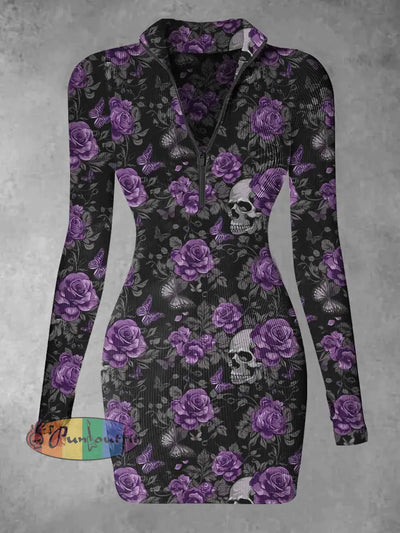 Women’s Skull Rose Butterfly Abstract Print Casual Long Sleeve Mini Dress Black / S