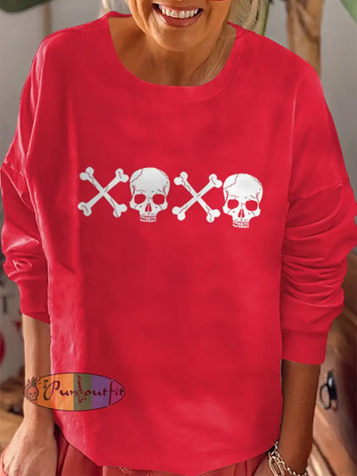 Women`s Skull Valentine Print Crew Neck Casual Sweatshirt Colorful / S