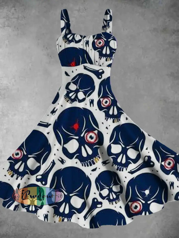 Women’s Sleeveless Retro Skull Pattern Printed Casual Fashion Strap Dress Blue / S