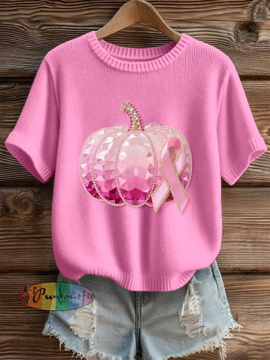Women’s Sparkling Pumpkin & Ribbon Pattern Cozy Knit Top Pink / S