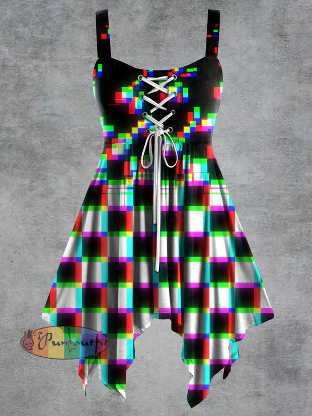 Women’s Square Print Tie-Strap Slip Dress Black And White Camouflage / S