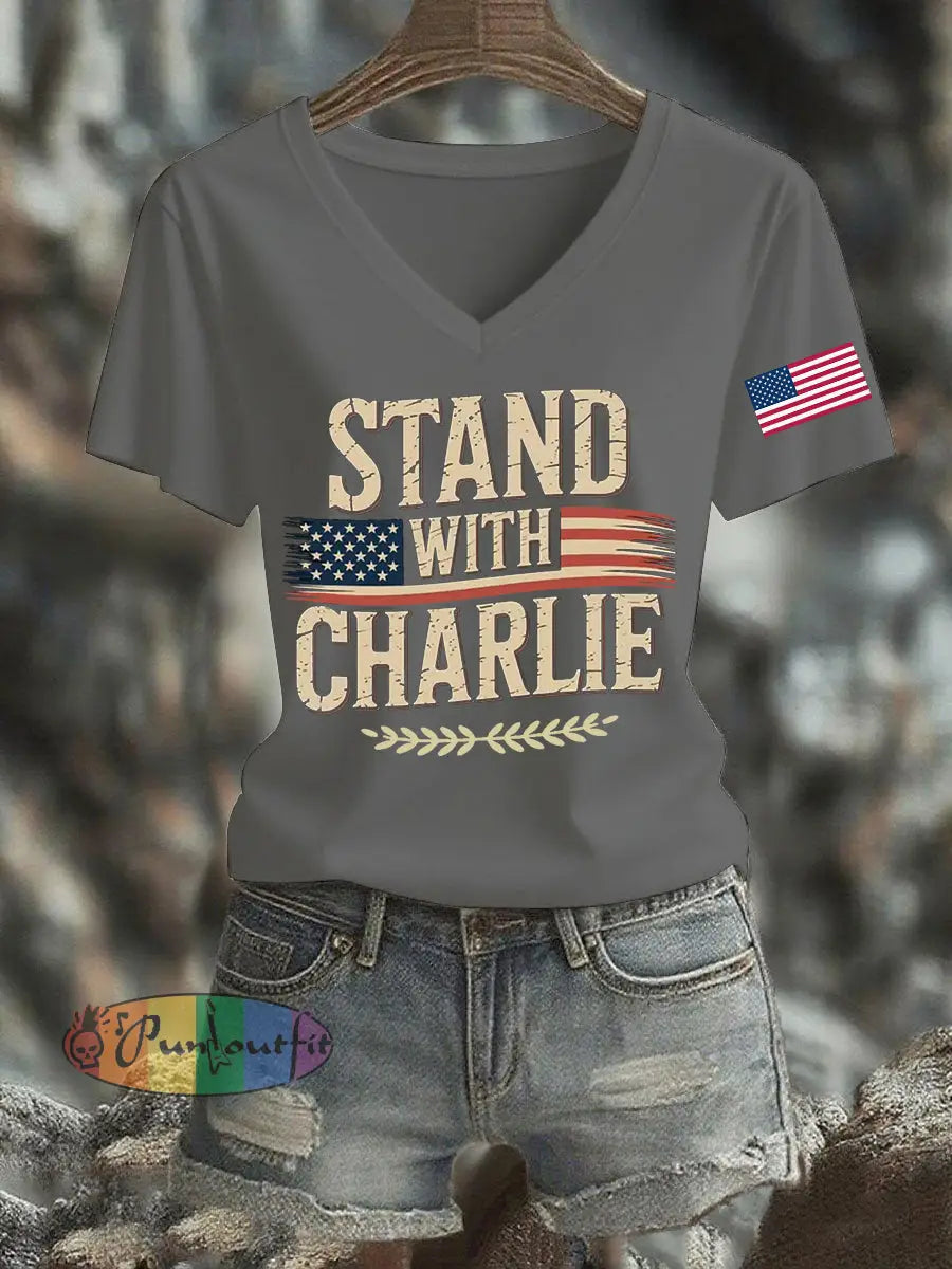 Women’s Stand With Charlie Kirk Printed T-shirt Light Gray / S