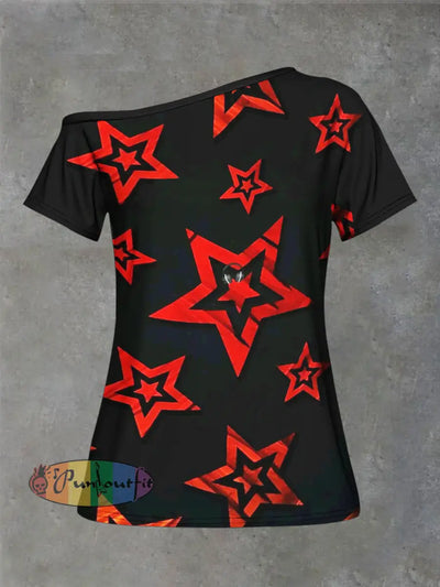 Women’s Stars Print Strapless Short Sleeve Casual T-Shirt Red / S