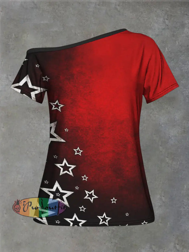 Women’s Stars Print Strapless Short Sleeve Casual T-Shirt Red / S