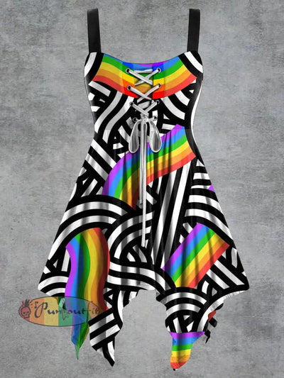 Women’s Stripes Print Tie-Strap Slip Dress Colorful / S