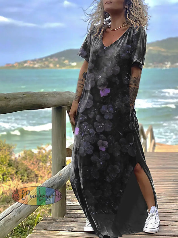 Women’s Three-leaf Clover Print Design Short Sleeve Maxi Dress Black / S