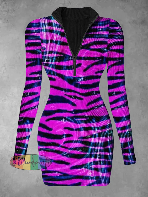 Women’s Tiger Stripes Abstract Print Casual Long Sleeve Mini Dress Purple / S