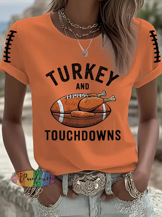 Women’s Turkey And Touchdowns Football Short Sleeve T-Shirt Orange / S