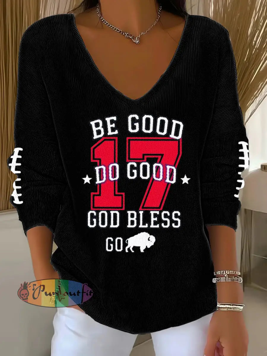 Women’s V-Neck Football Fans Lovers Gameday Casual Ribbed Top Black / S