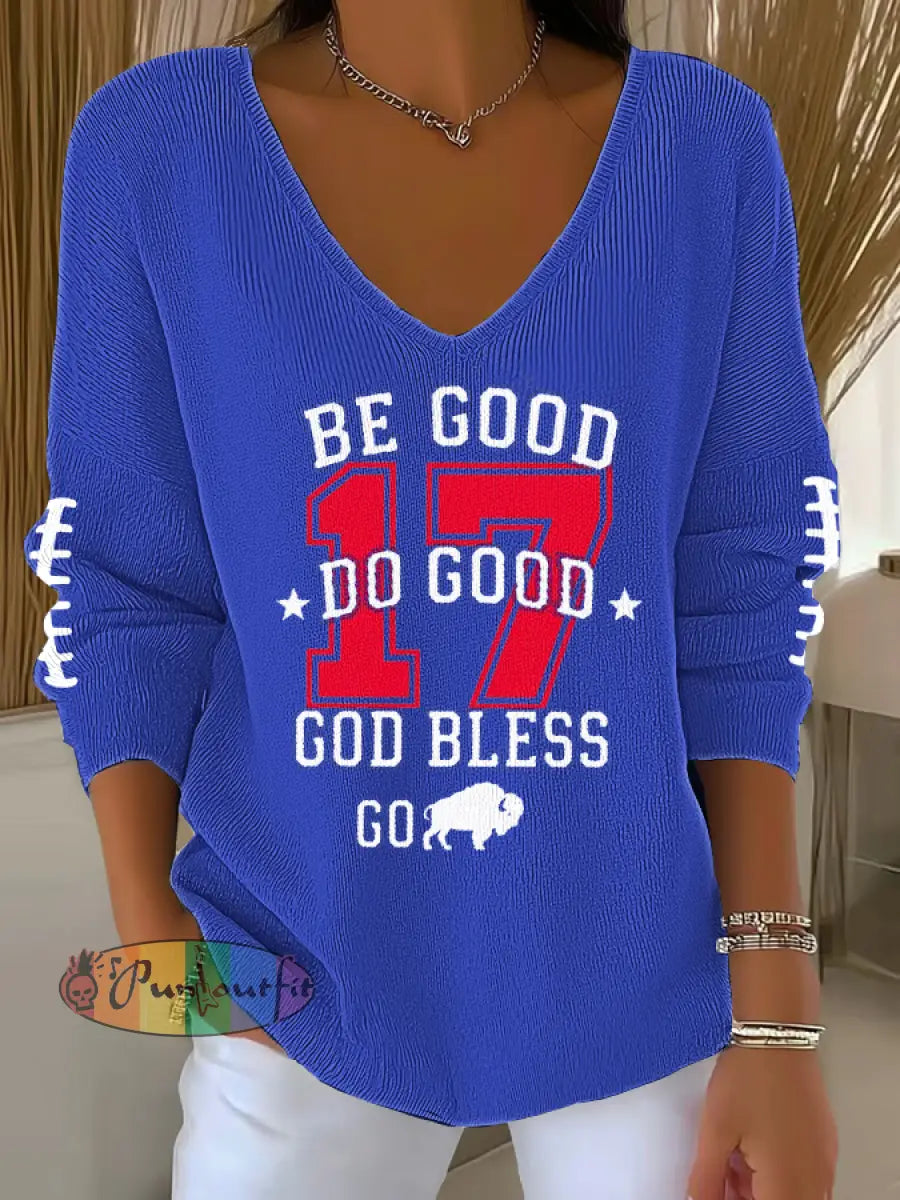 Women’s V-Neck Football Fans Lovers Gameday Casual Ribbed Top Blue / S