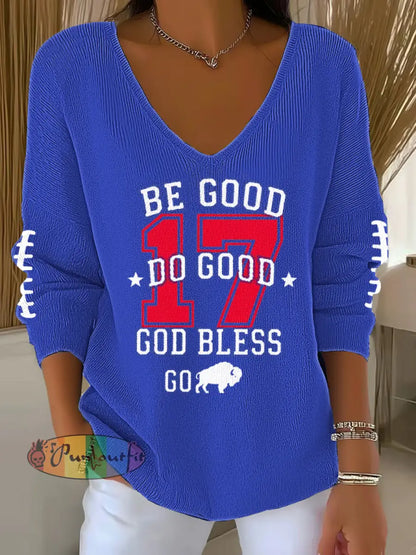 Women’s V-Neck Football Fans Lovers Gameday Casual Ribbed Top Blue / S
