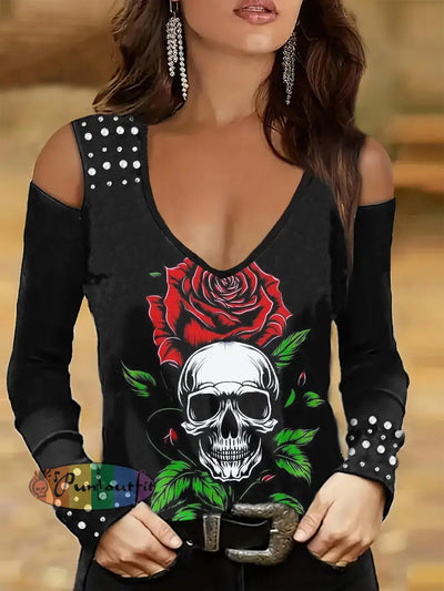 Women’s Valentine’s Day Skull Print Studded V-Neck Top Black / S