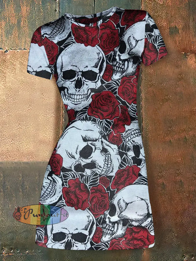 Women’s Valentine’s Day Skull Rose Abstract Print Casual Mini Dress Colorful / S