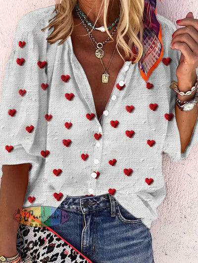 Women’s Valentine’s Day Vintage Heart Cubic Print Printed Casual Cotton Long Sleeve Shirt White / S