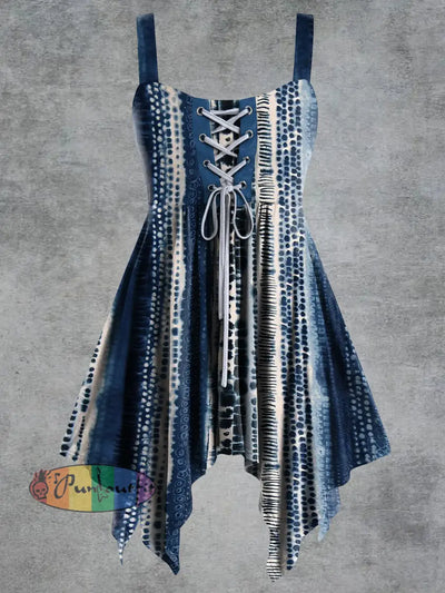 Women’s Vintage Abstract Print Tie-Strap Slip Dress Navy Blue / S