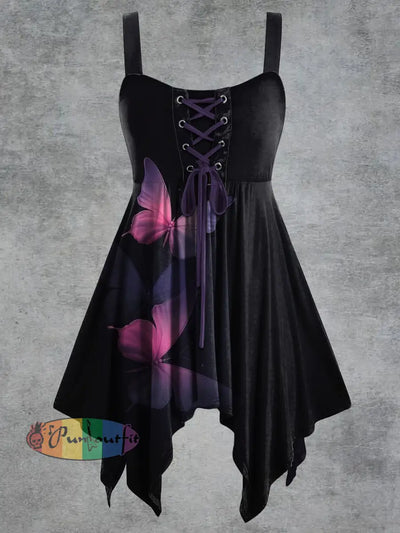 Women’s Vintage Butterfly Print Tie-Strap Slip Dress Black / S