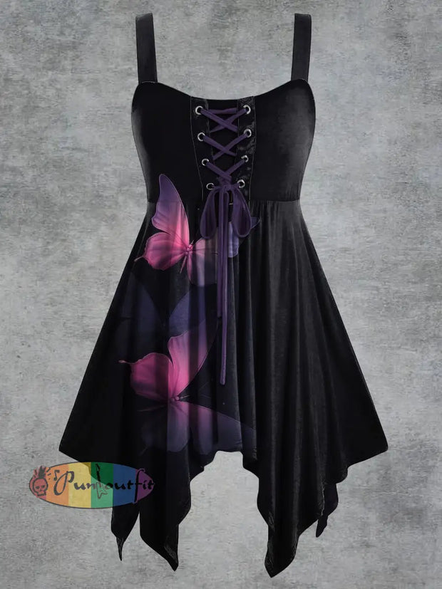 Women’s Vintage Butterfly Print Tie-Strap Slip Dress Black / S