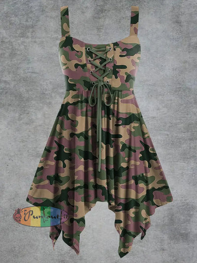 Women’s Vintage Camouflage Floral Print Tie-Strap Slip Dress Camouflage / S