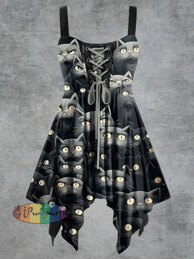 Women’s Vintage Cat Print Tie-Strap Slip Dress Dark Gray / S
