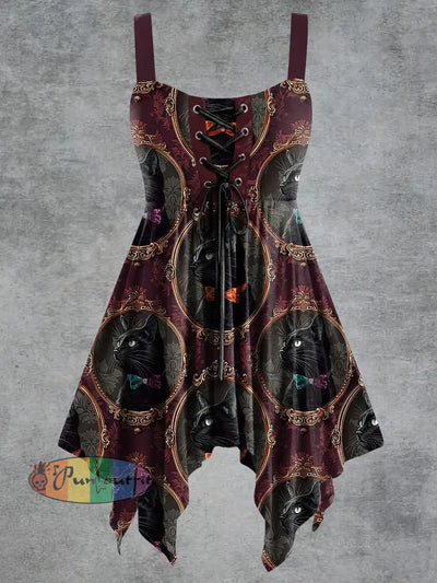 Women’s Vintage Cat Print Tie-Strap Slip Dress Maroon / S