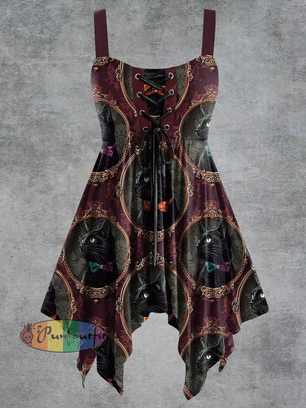 Women’s Vintage Cat Print Tie-Strap Slip Dress Maroon / S