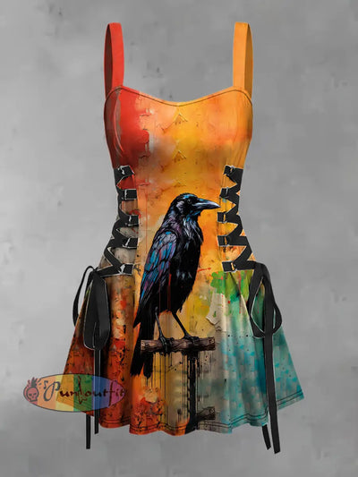 Women’s Vintage Colorful Crow Oil Painting Abstract Art Print Strappy Sleeveless Strappy Mini Dress As picture / S