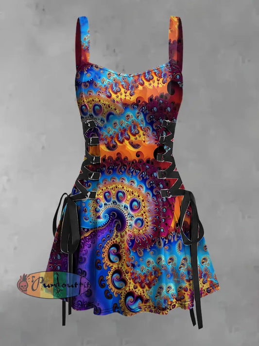 Women’s Vintage Colorful Swirl Black Hole Mandala Abstract Print Strappy Sleeveless Strappy Mini Dress As picture / S