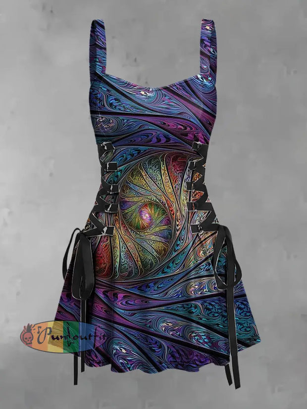 Women’s Vintage Colorful Swirl Eyes Abstract Art Print Strappy Sleeveless Strappy Mini Dress Purple / S