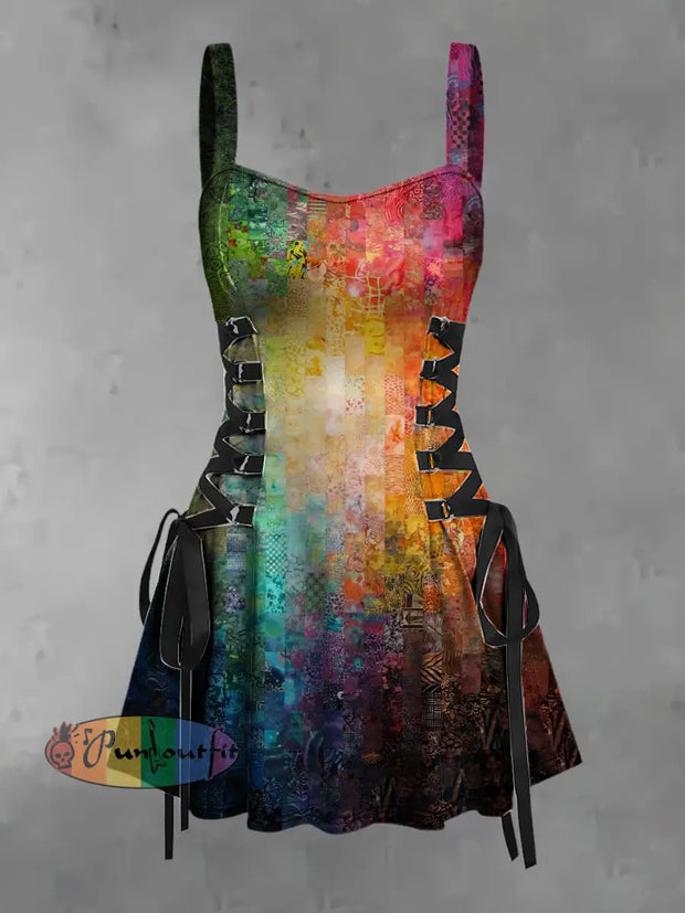 Women’s Vintage Colourful Geometric Colour Block Gradient Art Print Strappy Sleeveless Strappy Mini Dress As picture / S