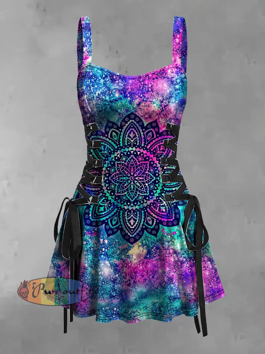 Women’s Vintage Colourful Hippie Mandala Flower Gradient Print Strappy Sleeveless Strappy Mini Dress Purple / S