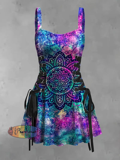 Women’s Vintage Colourful Hippie Mandala Flower Gradient Print Strappy Sleeveless Strappy Mini Dress Purple / S
