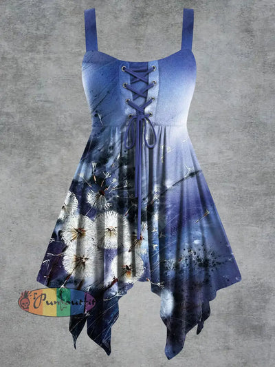 Women’s Vintage Dandelion Floral Print Tie-Strap Slip Dress Blue / S