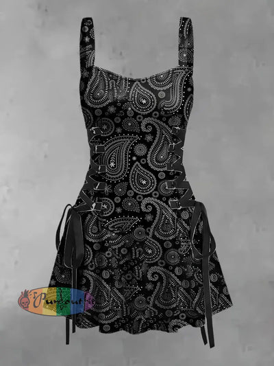 Women’s Vintage Dark Punk Peris Print Strappy Sleeveless Mini Dress Black / S