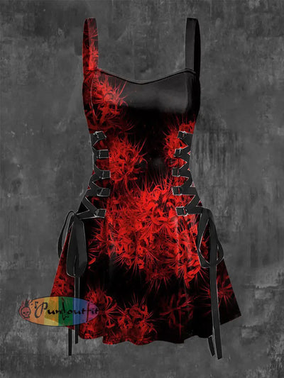 Women’s Vintage Dark Punk Red Abstract Print Strappy Sleeveless Mini Dress / S