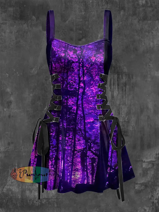 Women’s Vintage Dark Punk Woods Abstract Slim Fit Print Strappy Sleeveless Mini Dress Purple / S