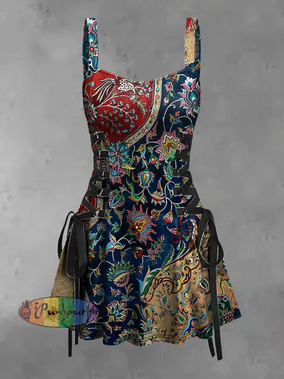 Women’s Vintage Ethnic Patchwork Floral Print Strappy Sleeveless Strappy Mini Dress As picture / S