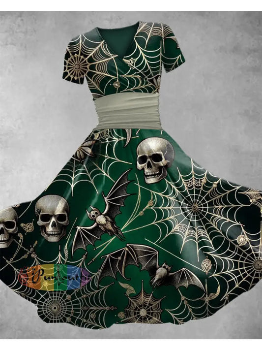 Women’s Vintage Floral Art Print V Neck Maxi Dress Green / S