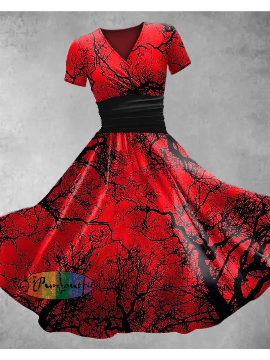 Women’s Vintage Floral Art Print V Neck Maxi Dress Red / S