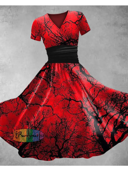 Women’s Vintage Floral Art Print V Neck Maxi Dress Red / S