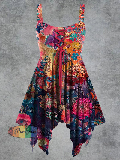 Women’s Vintage Floral Print Tie-Strap Slip Dress Colorful / S