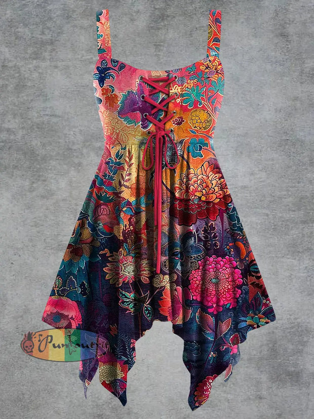 Women’s Vintage Floral Print Tie-Strap Slip Dress Colorful / S