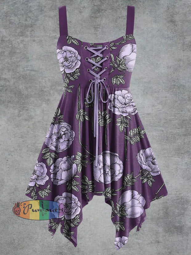 Women’s Vintage Floral Print Tie-Strap Slip Dress Purple / S